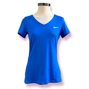 Nike Royal Blue Dri-Fit V-Neck Running Athletic Short Sleeve Tee - Swoosh Logo M